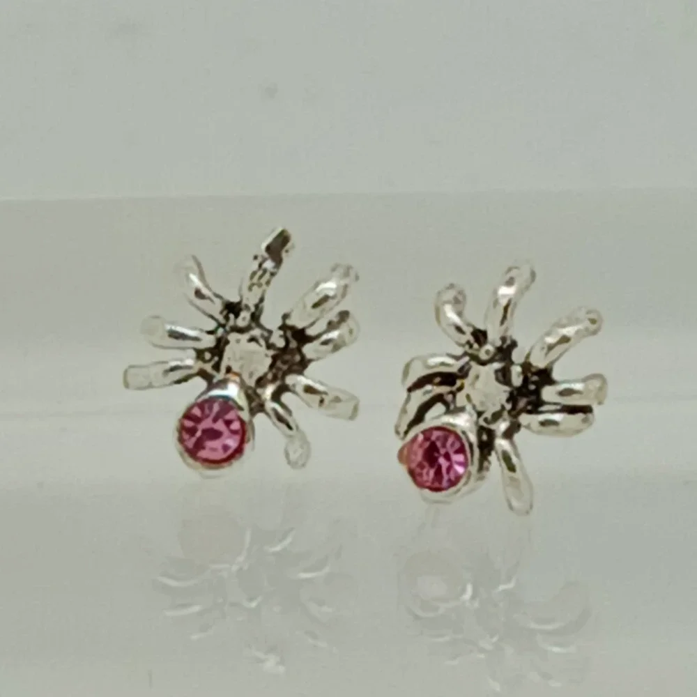 925 Sterling Silver Pink Rhinestone Spider Stud Earrings Arachnid Jewelry